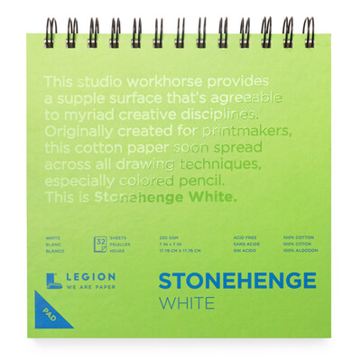 Stonehenge 100% Cotton Paper Spiral Pad, 7" x 7" - White (250gsm)