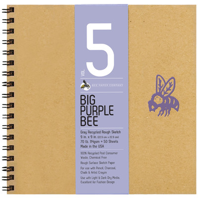 Big Purple Bee Gray Recycled Rough Sketch Journal, 9" x 9"
