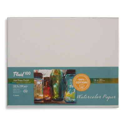 Fluid 100 140lb Watercolor Paper Pack, Hot Press - 16" x 20" (5 Sheets)