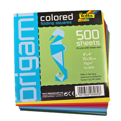 Folia Colored Origami Paper, 4" x 4" Standard Assorted (500 Sheets)